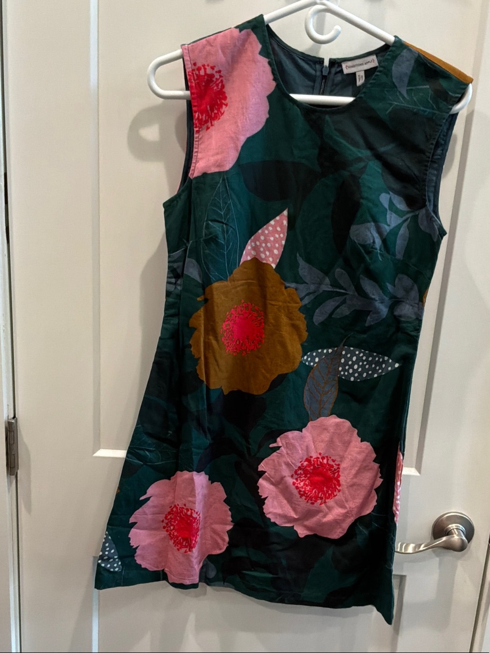 Anthropologie Conditions Apply XSP Floral Shift Dress Deep Green Pink Blooms